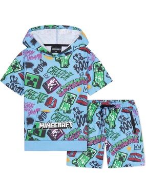 Minecraft Blue Graphic Hoodie & Shorts matching Set big boy 11/12 11y 12y